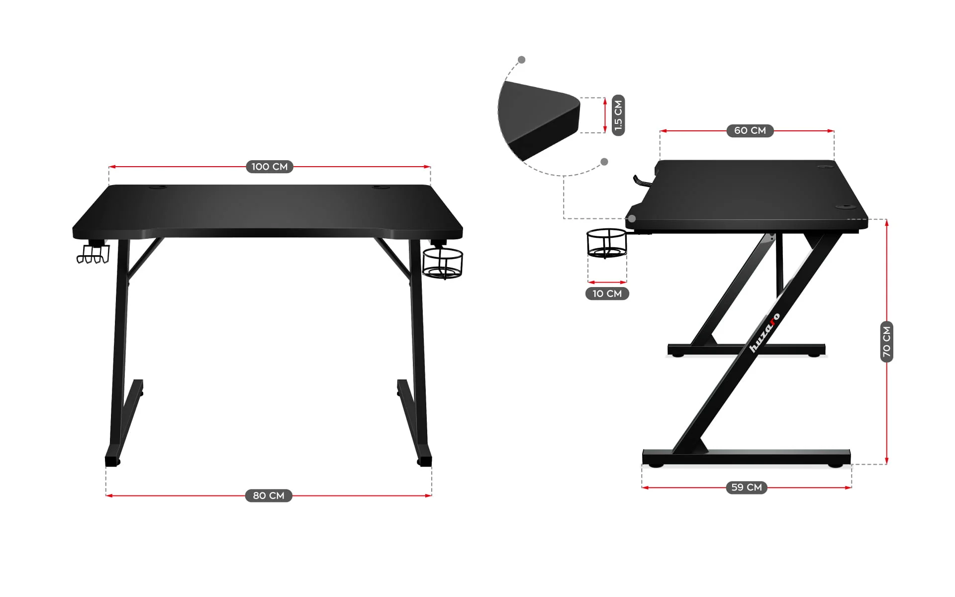 Biurko Gamingowe Huzaro Hero 1.8 Black 100 cm OUTLET - Image 5